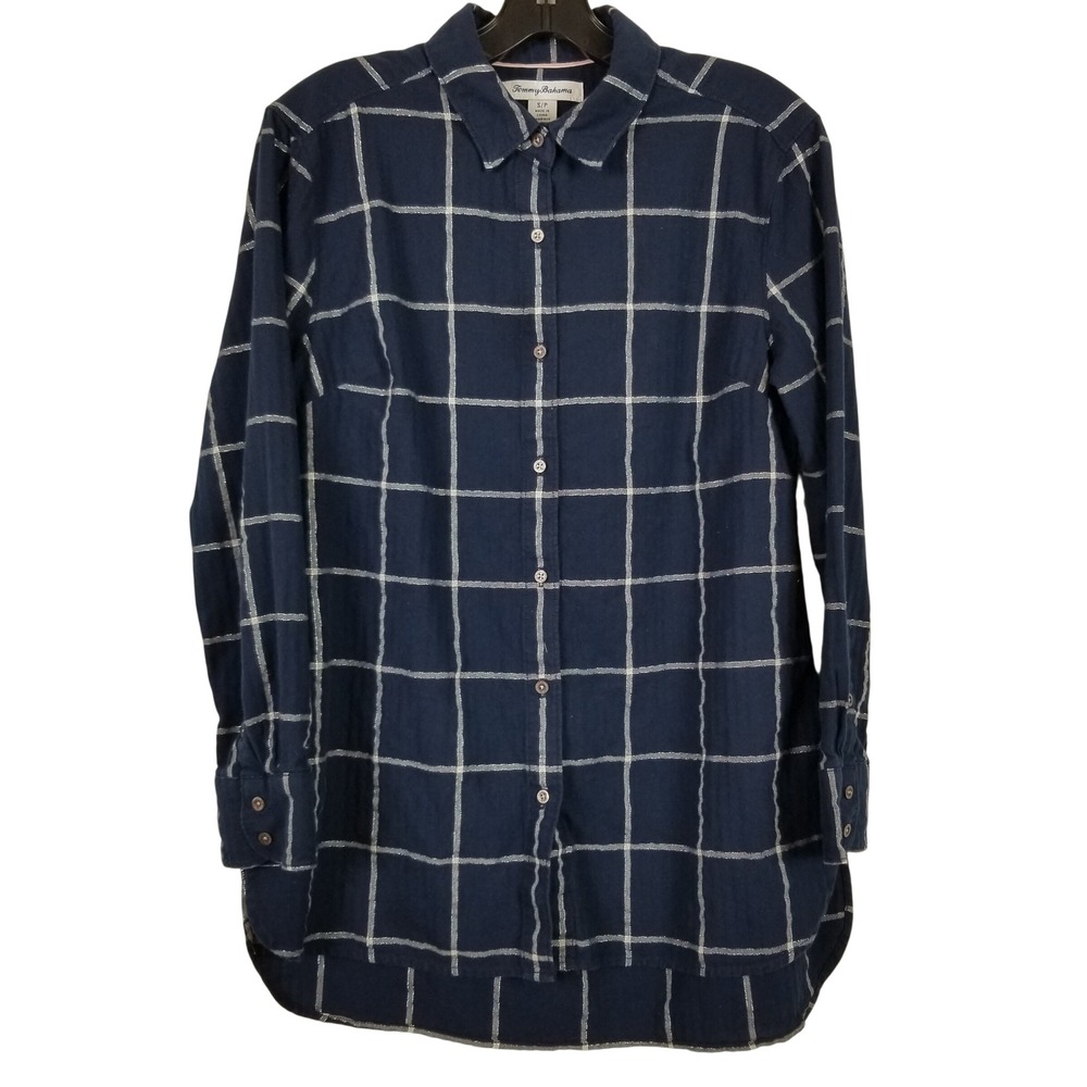 Tommy Bahama Women Navy Blue Windowpane Plaid Button Down Shirt Sz S Long Sleeve